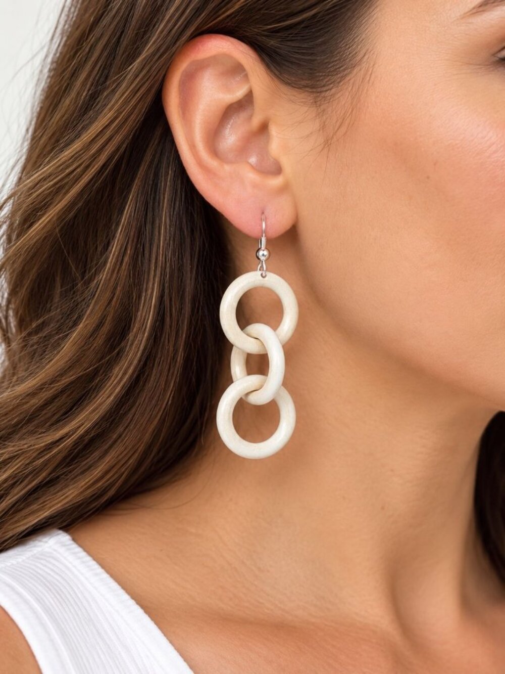 Lightweight Wooden Link Drop Earrings Natural Finish Boho